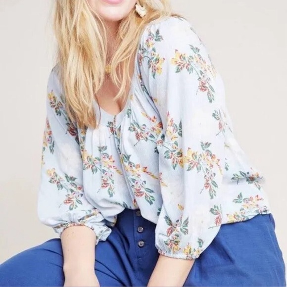 Anthropologie Maeve Boswell Blue Striped Floral Blouse Plus Size 20W Boho Light - Picture 1 of 10